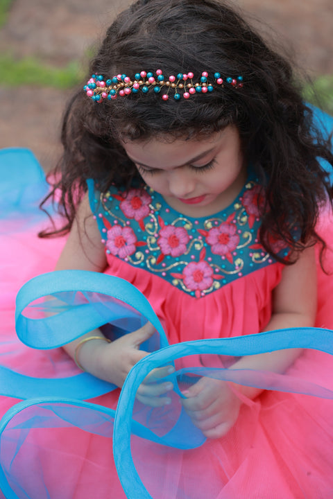 Pre-Order: Dry Rose And Sky Blue Double Shaded Twirled Partywear Gown With Hand Worked Yoke