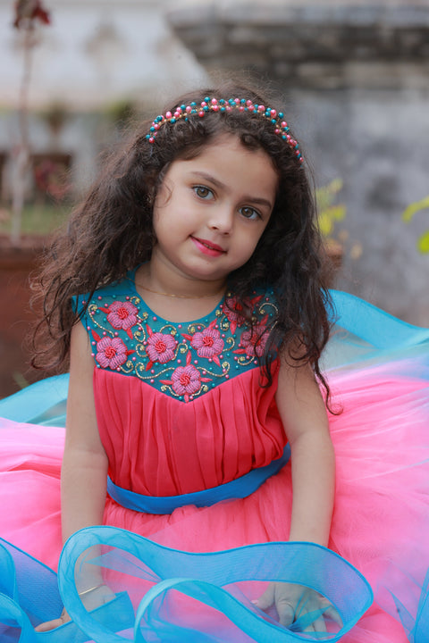 Pre-Order: Dry Rose And Sky Blue Double Shaded Twirled Partywear Gown With Hand Worked Yoke