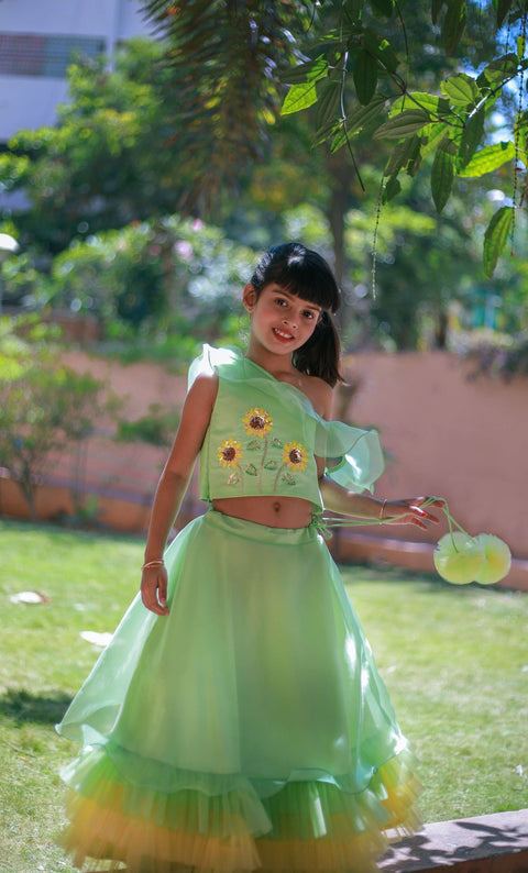 Pre-Order: Sunflower one shouldered Green Top with tiered Lehenga