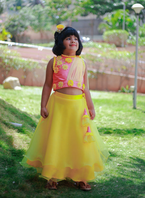 Pre-Order: Pink 3D flower top with attached yellow dupatta and Lehenga