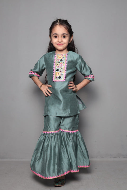 Pre-Order: Mirror Work Pastel Green Kurta With Sharara