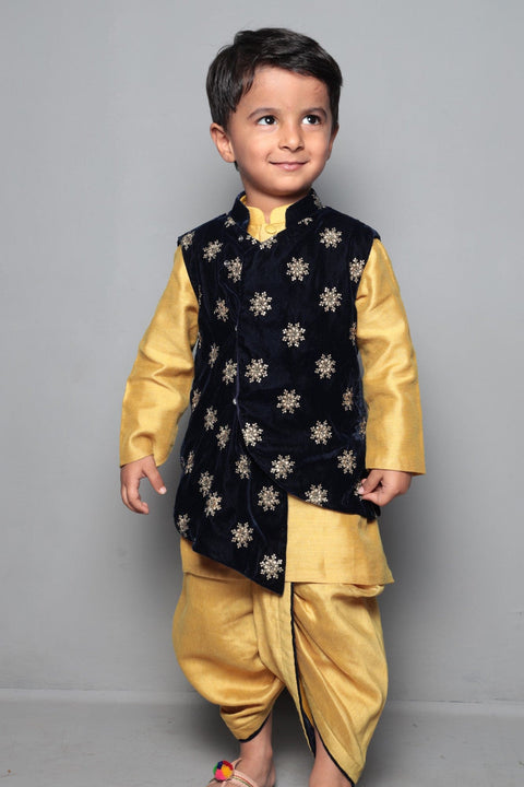 Pre-Order: Mustard Gold Kurta And Dhoti With Sequin Work Velvet Jacket