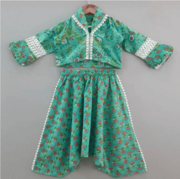 Pre-Order: Sea Green Printed Crop Top with Harem Style Dhoti