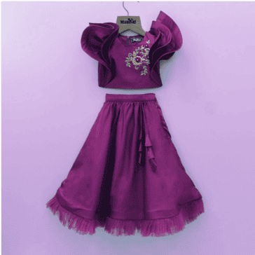Pre-Order: Wine Frilly Embroidered Top And Lehenga