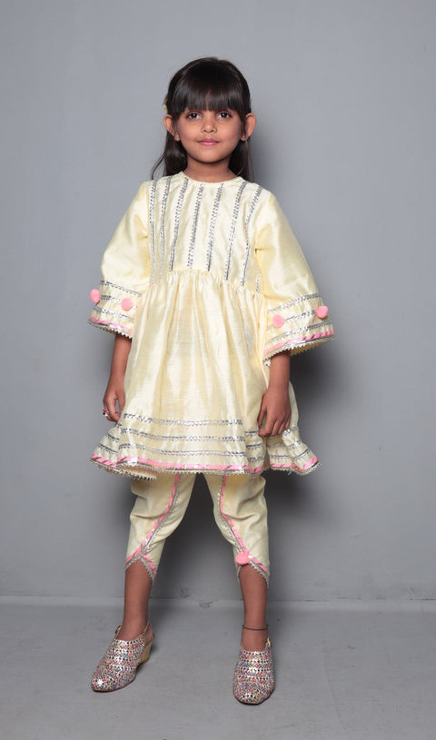 Pre-Order: Yellow Top with Gota & Pom Pom Work With Dhoti
