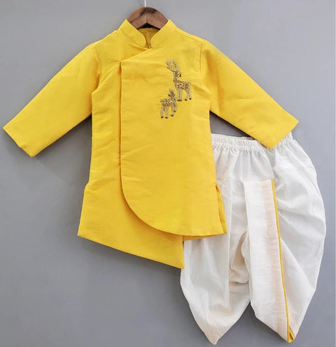 Pre-Order: Yellow Deer Embroidered Kurta with Dhoti Set
