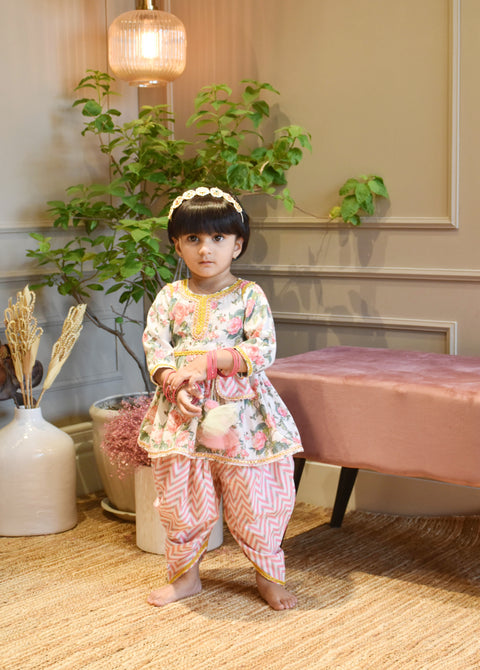 Pre Order:  Pink Floral Print Peplum and Dhoti