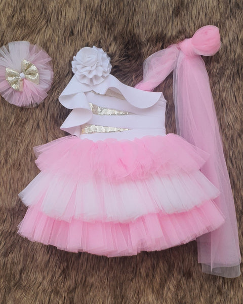 Pre-Order: White and Pink dress with sequins highlights
