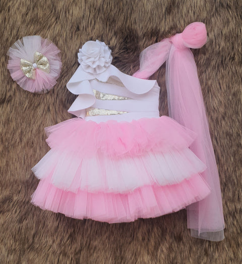 Pre-Order: White and Pink dress with sequins highlights