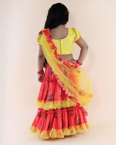 Pre-Order: Mirror Embroidered Top with Floral Print Ghagra and Dupatta