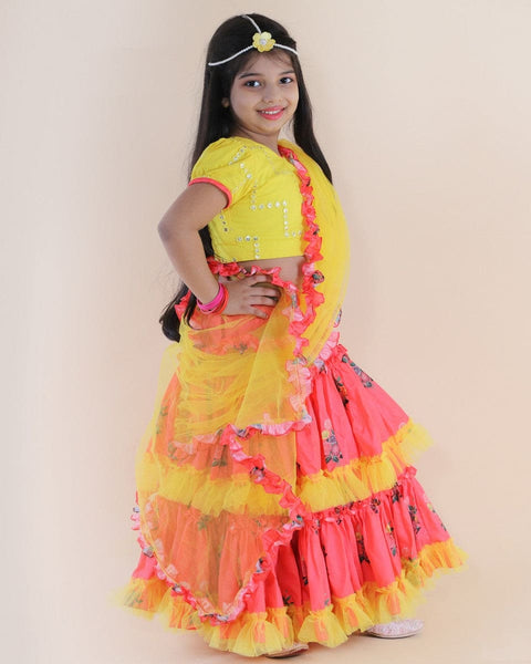 Pre-Order: Mirror Embroidered Top with Floral Print Ghagra and Dupatta