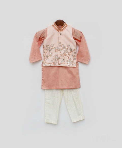 Pre Order: Peach Gotta Embroidery Nehru Jacket set