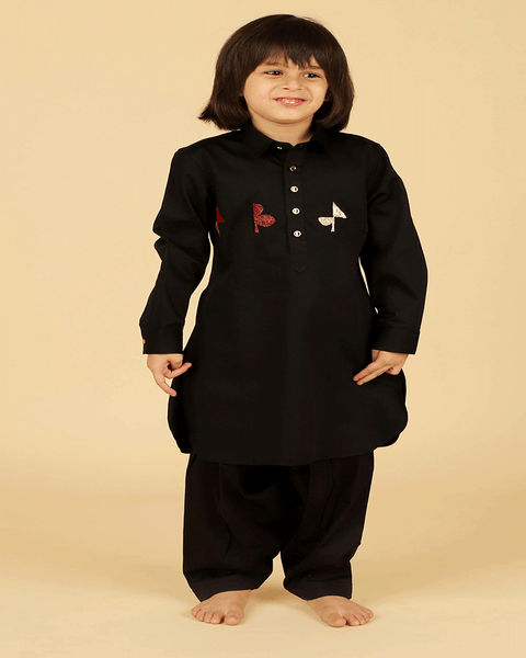 Pre-Order: Black Pathani with Salwar and Chest Embroidery
