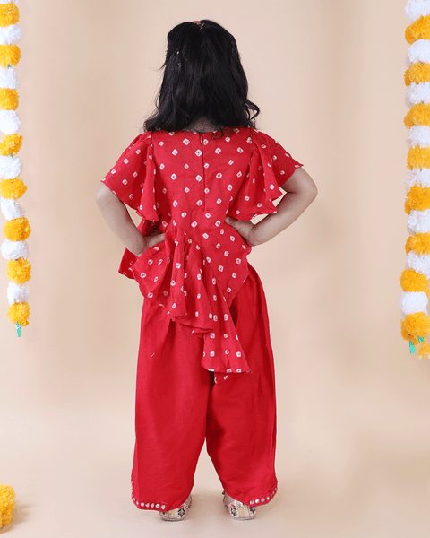 Pre-Order: Red Bandhej Print Top with Mirror Embroidered Dhoti
