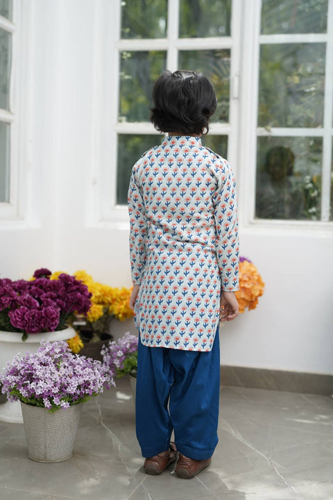 Pre Order: Orange Flower Boti Print Kurta and Salwar