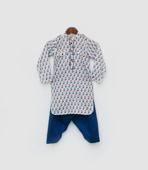 Pre Order: Orange Flower Boti Print Kurta and Salwar