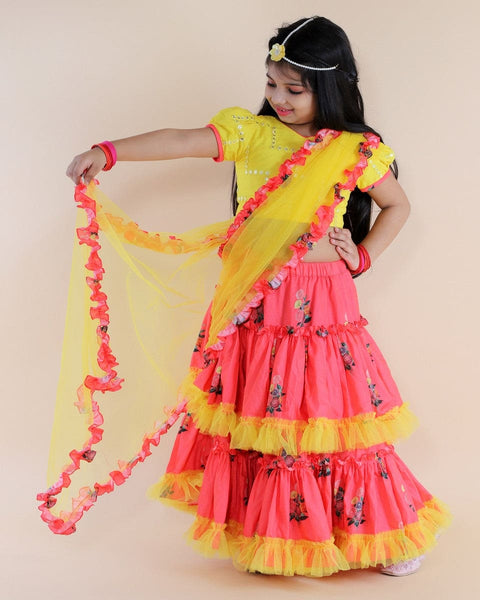 Pre-Order: Mirror Embroidered Top with Floral Print Ghagra and Dupatta