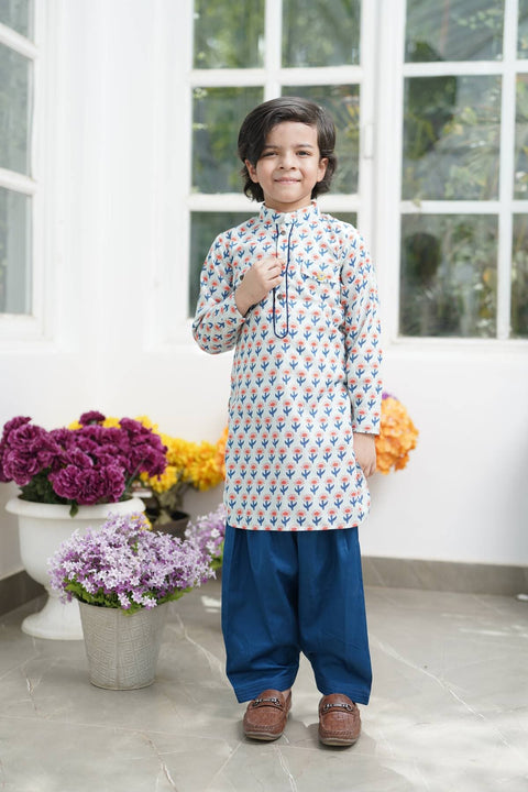 Pre Order: Orange Flower Boti Print Kurta and Salwar