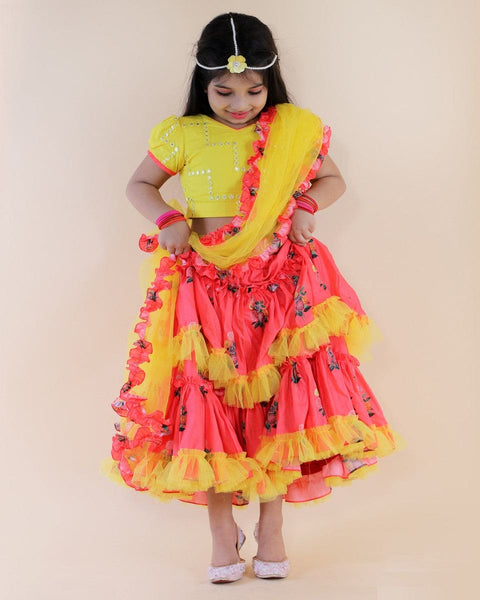 Pre-Order: Mirror Embroidered Top with Floral Print Ghagra and Dupatta