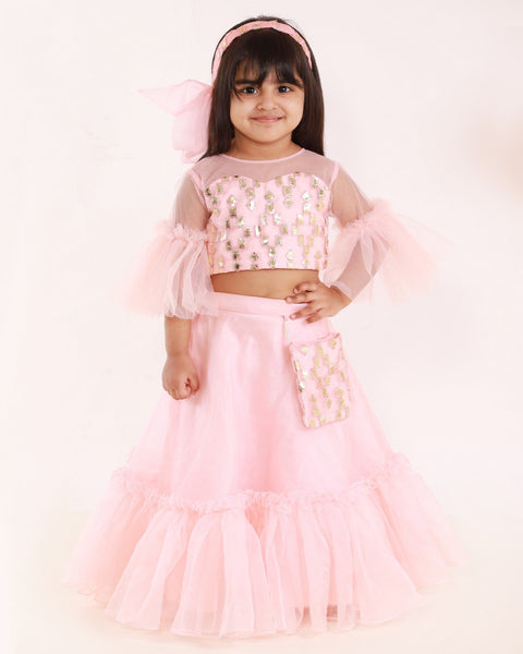Pre-Order: Pink Embroidered Top with Ghagra and Pouch