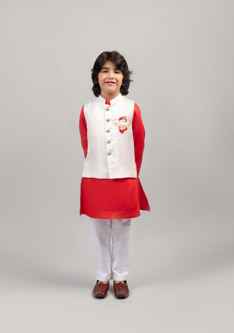 Pre-Order: Ganesha motif red and white bandhgala set