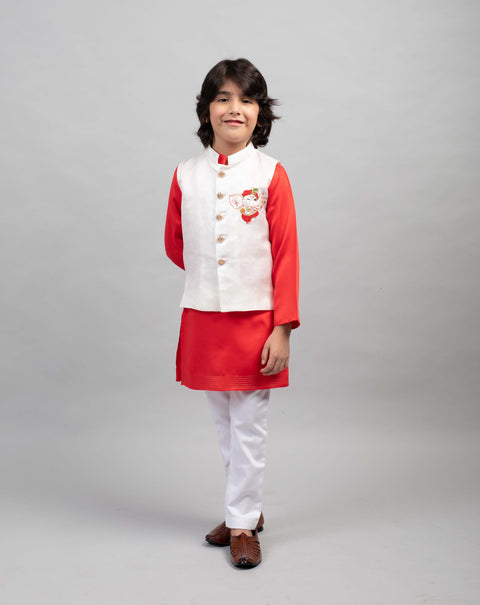 Pre-Order: Ganesha motif red and white bandhgala set