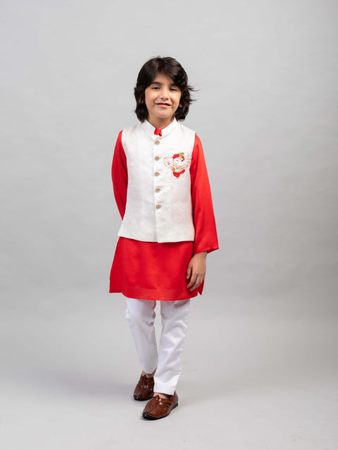 Pre-Order: Ganesha motif red and white bandhgala set