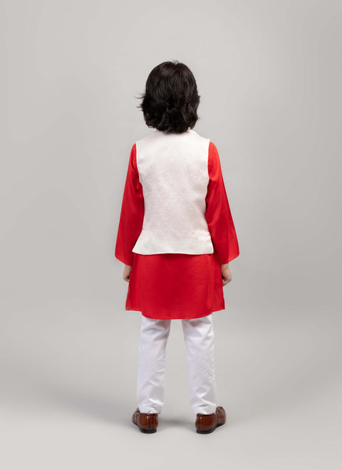 Pre-Order: Ganesha motif red and white bandhgala set