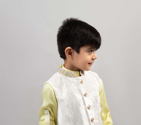 Pre-Order: Off-White Pista Green Bandhgala Set