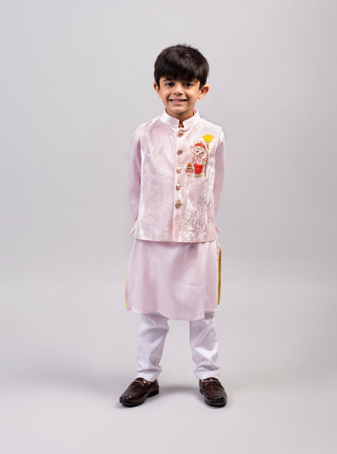 Pre-Order: Ganesha Motif Pink Bandhgala Set