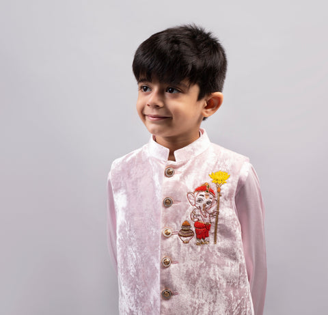 Pre-Order: Ganesha Motif Pink Bandhgala Set