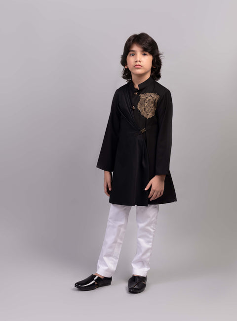 Pre-Order: Black Lion Draped Kurta with White Pants