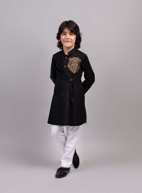 Pre-Order: Black Lion Draped Kurta with White Pants