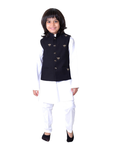 Pre-Order: Bee Embroidered Waiscoat with Pink Kurta and Pants