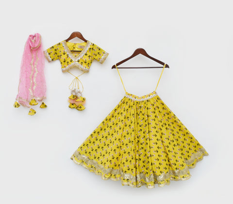 Pre Order: Yellow Printed Lehenga Choli and Organza Dupatta