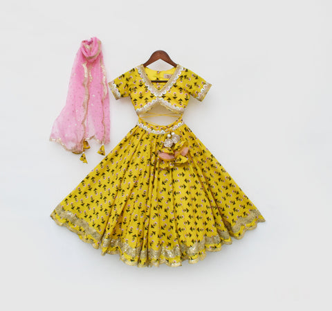 Pre Order: Yellow Printed Lehenga Choli and Organza Dupatta
