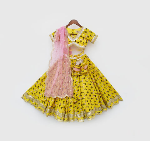 Pre Order: Yellow Printed Lehenga Choli and Organza Dupatta