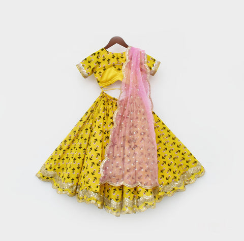 Pre Order: Yellow Printed Lehenga Choli and Organza Dupatta