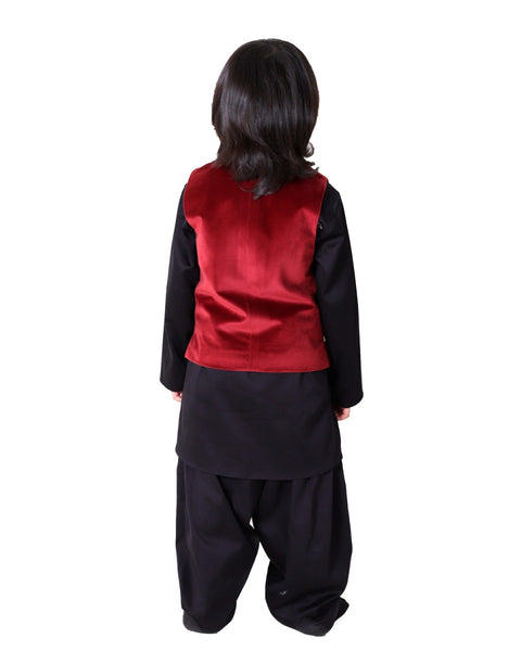 Pre-Order: Lion Embroidery Motin on Velvet Waistcoat with Black Kurta and Shalwar