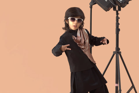 Pre-Order: Black Kurta with Sequence Fabric Comb Waistcoat