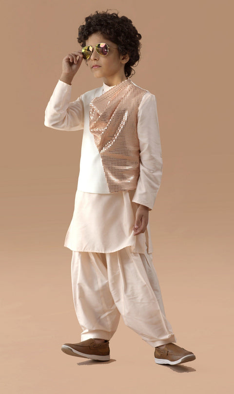 Pre-Order: Peach Kurta with Sequence Fabric combo Waistcoat
