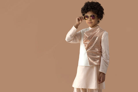 Pre-Order: Peach Kurta with Sequence Fabric combo Waistcoat