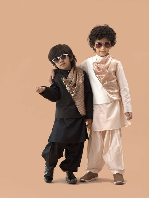 Pre-Order: Peach Kurta with Sequence Fabric combo Waistcoat