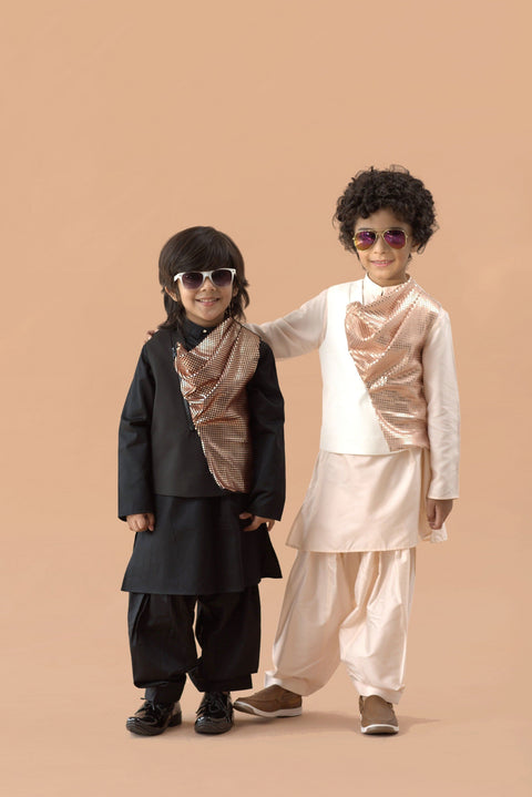 Pre-Order: Peach Kurta with Sequence Fabric combo Waistcoat