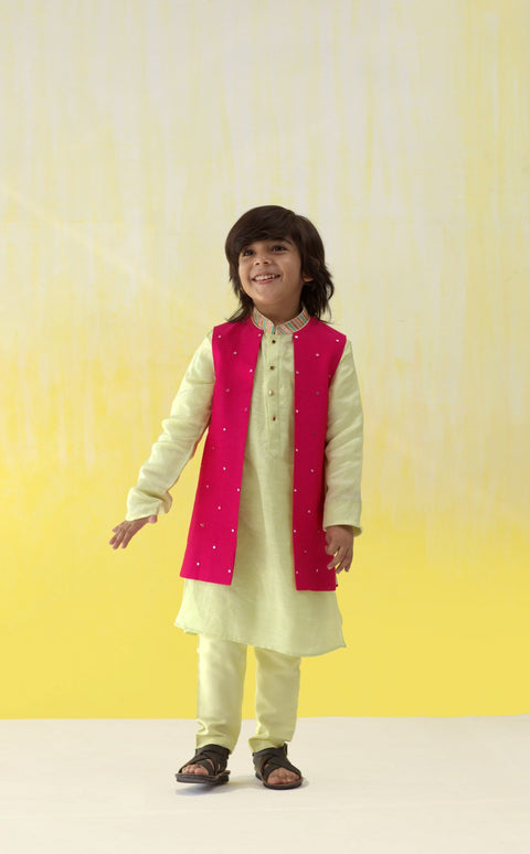 Pre-Order: Pista Green Kurta with Embroidery & Rani Pink waistcoat