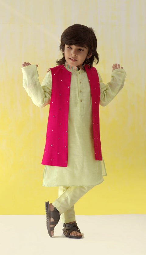 Pre-Order: Pista Green Kurta with Embroidery & Rani Pink waistcoat