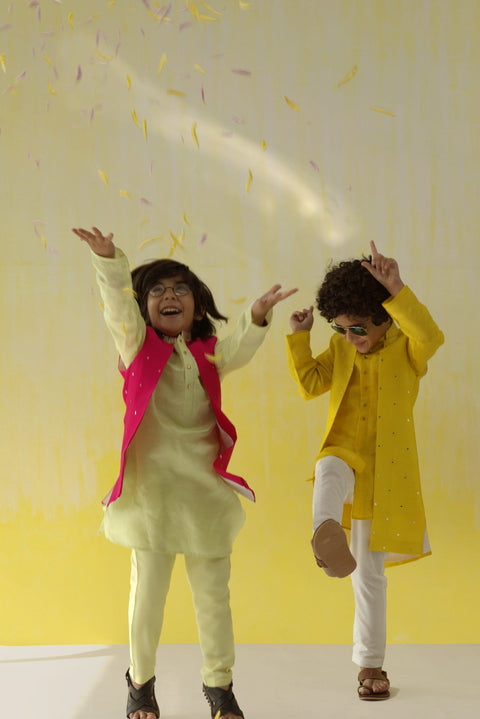 Pre-Order: Pista Green Kurta with Embroidery & Rani Pink waistcoat