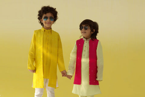 Pre-Order: Pista Green Kurta with Embroidery & Rani Pink waistcoat