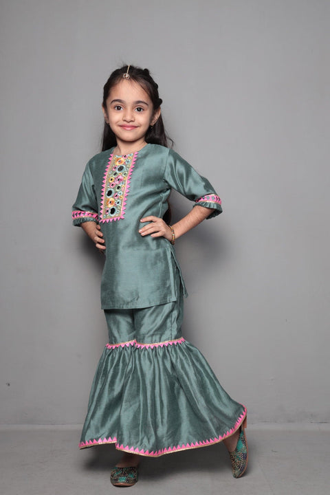 Pre-Order: Mirror Work Pastel Green Kurta With Sharara