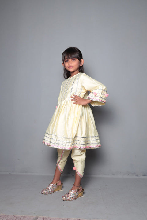 Pre-Order: Yellow Top with Gota & Pom Pom Work With Dhoti
